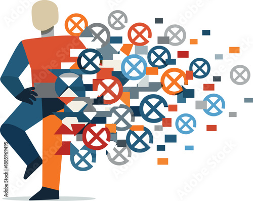 Abstract geometric human figure partially dissolves into repeated option shapes becoming unstable pattern suggesting identity