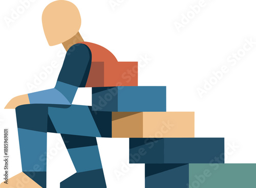 Abstract geometric human figure partially integrates with sequential blocks becoming simplified structured form suggesting