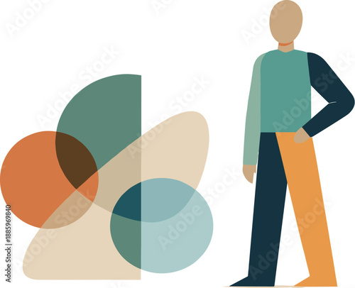 Abstract geometric human figure stands beside partially overlapping abstract shapes suggesting form revealing hidden