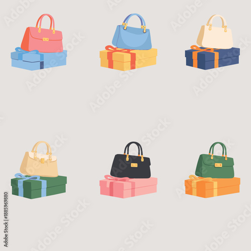 A flat vector illustration shows six colorful handbags placed on wrapped gift boxes, arranged in a clean grid on with a festive shopping vibe.