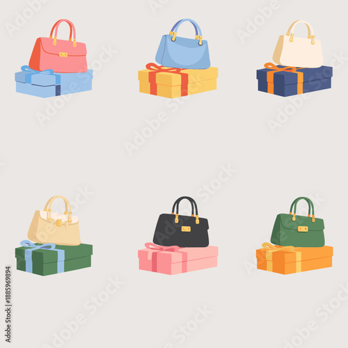 A flat vector illustration shows six colorful handbags placed on wrapped gift boxes, arranged in a clean grid on with a festive shopping vibe.