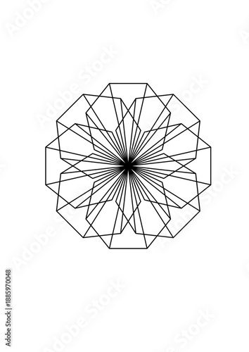 Flower-shaped rosette made of eight heptagons with a complex, graceful, floral design, black and white