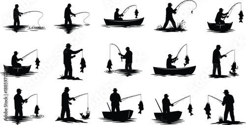 Fishing activity silhouettes collection showing anglers casting lines and catching fish from shore and boats, black flat vector illustration set for outdoor sport, hobby, leisure concepts