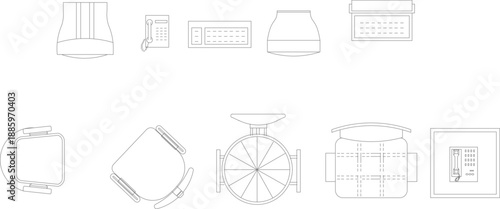 Vector collection of office furniture and technology symbols in top view, featuring office chairs, computer monitors, keyboards, telephones, and printers for architectural workspace layouts.
