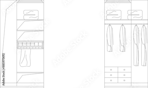 Vector line art collection of a walk-in closet and wardrobe interior layout, featuring hanging clothes, folded linens, shelves, and drawers for architectural interior elevations.