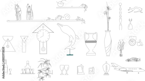 Comprehensive vector line art collection of interior design elements, including wall clocks, decorative sculptures (dolphin, soldiers), vases, glassware, and transportation models (airplane, sports ca