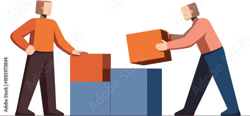 Second abstract geometric human figure appears moving one shape slightly apart while first observes, showing early interaction