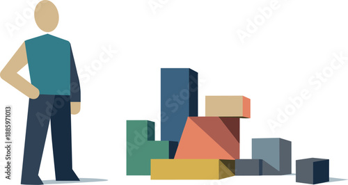 Abstract geometric human figure stands beside scattered abstract blocks suggesting insight built through arrangement in isolated