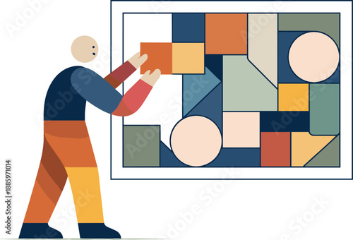 Single abstract geometric human figure aligns multiple blocks into framed arrangement revealing emergent clarity, conceptual