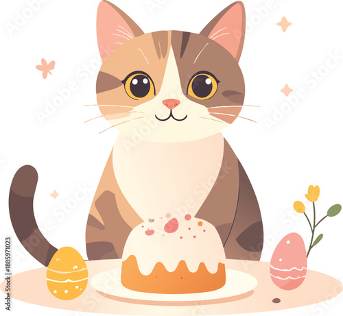 Cute cat guarding Easter table with cake and eggs