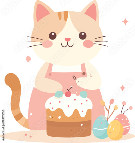 Cute cat decorating Easter cake in cozy flat vector style
