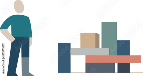 Abstract geometric human figure stands beside aligned abstract blocks suggesting reasoning expressed via structure in isolated