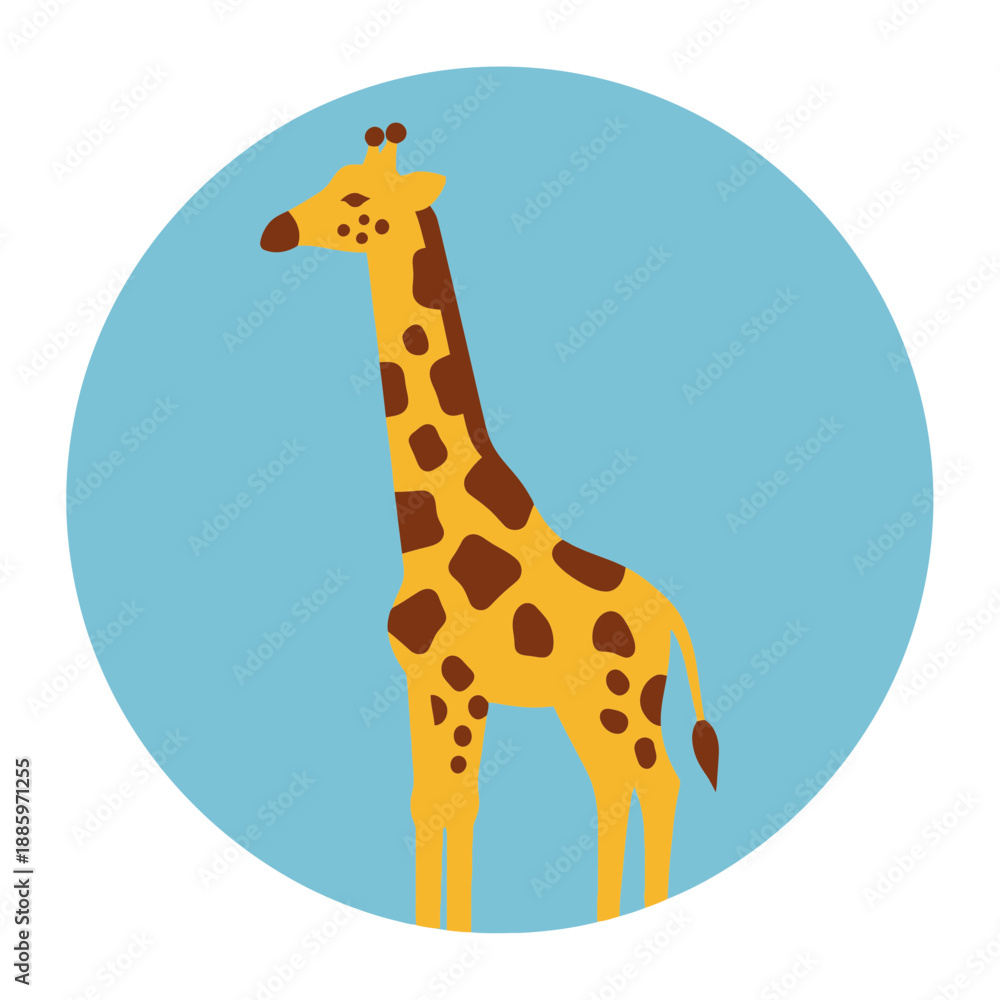 Fototapeta premium Cartoon giraffe illustration within a light blue circle on a white background.