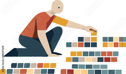 Geometric Logic Construction. Single abstract geometric human figure arranges multiple blocks into coherent repeating sequences
