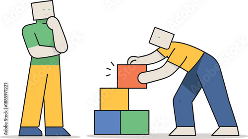 Second abstract geometric human figure appears moving one block into iterative relation while first observes, showing early