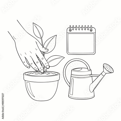 Hand planting seedling in pot with watering can and calendar icon, illustration for gardening and time management