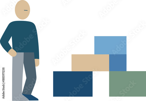 Calm abstract geometric human figure stands beside few fully connected and aligned blocks in wide white space reframing thought