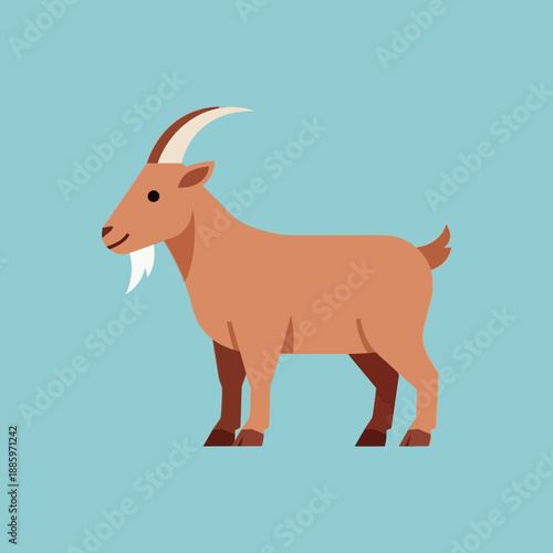 Illustration of a brown goat with horns standing on a light blue background.