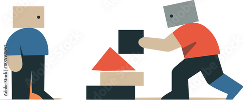 Second abstract geometric human figure appears moving one fragment closer to others while first observes, showing early