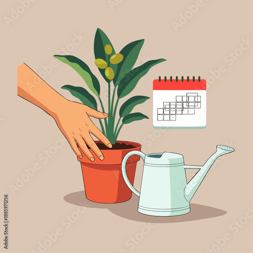Gardening care: Hand tending a potted plant, watering can, and calendar for scheduling plant maintenance