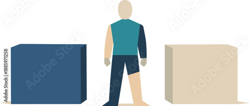 Abstract geometric human figure stands between two opposing abstract blocks suggesting insight refined through contrast in