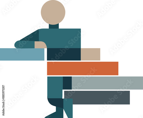 Abstract geometric human figure partially integrates with aligned blocks becoming simplified structured form suggesting