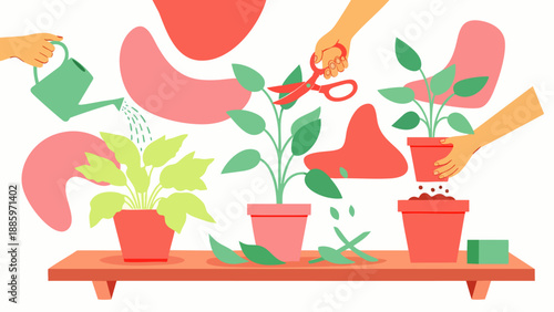 Hands caring for houseplants: watering, pruning, repotting, and fertilizing on a shelf