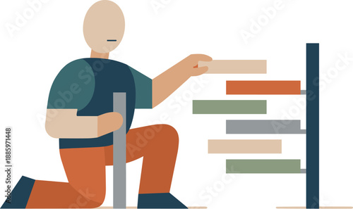 Abstract geometric human figure arranging linear shapes into organized pattern suggesting order maintained through structure,