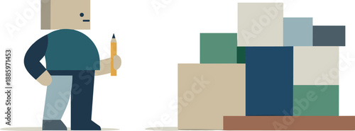 Calm abstract geometric figure stands beside final orderly arrangement of spatially positioned blocks in wide empty space,