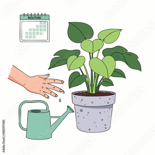 Hand watering a potted plant next to a calendar showing a routine for plant care