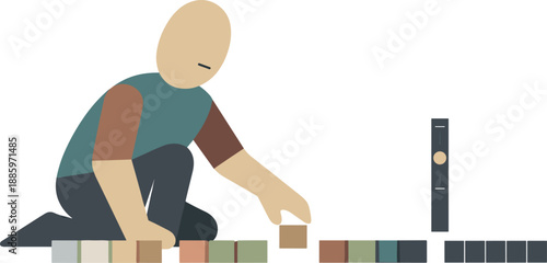 Abstract geometric human figure arranging multiple blocks into orderly lines suggesting concepts resolved through alignment,