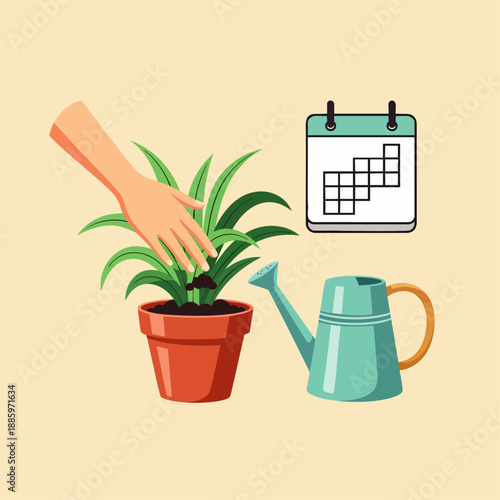 Gardening concept: Hand planting a plant, watering can, and calendar symbolizing routine and care