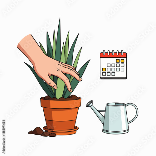 Hand tending to a potted aloe vera plant with a watering can and calendar, symbolizing plant care and scheduling
