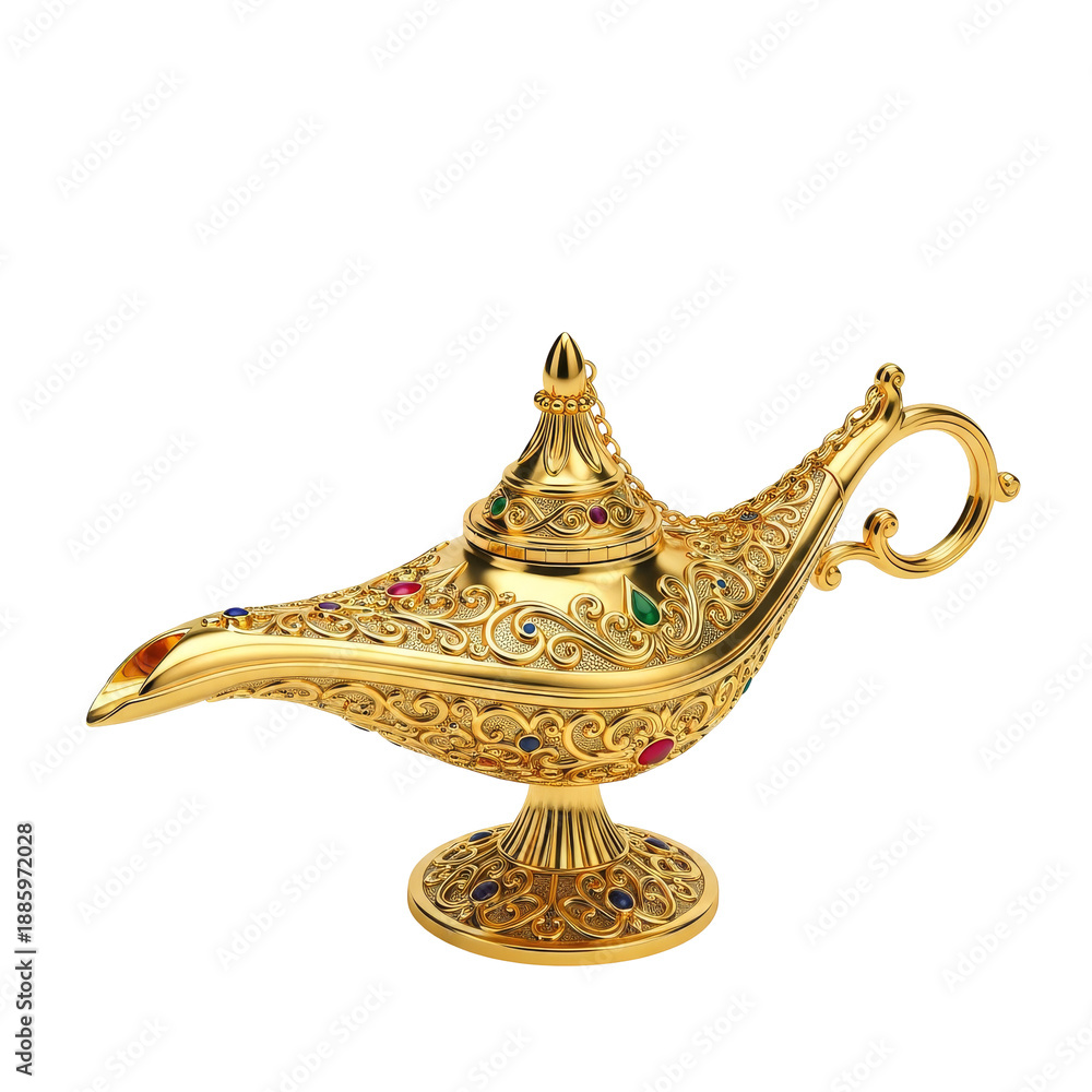 Fototapeta premium Elegant Gold Aladdin Lamp with Gemstone Decorations for Ramadan and Eid