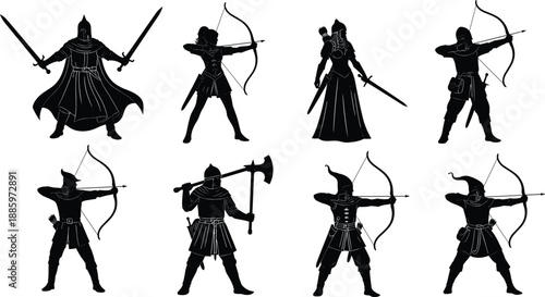 Medieval fantasy warrior silhouettes set with archers, knights and fighters holding swords and axes, black flat vector illustration for game design, history themes, battle concepts