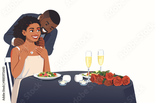 A romantic couple enjoys an intimate candlelit dinner at a beautifully set table.