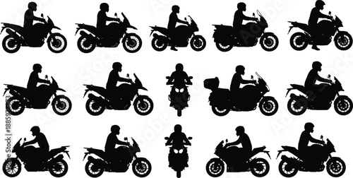 Motorcycle rider silhouettes collection in multiple riding poses and angles, black flat vector illustration set for transport design, racing themes, biker icons, mobility concepts