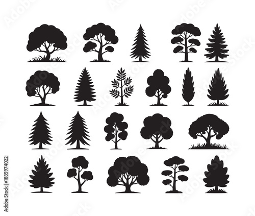 Big collection of twenty silhouette trees mixing conifers broadleaf and ornamental varieties for design