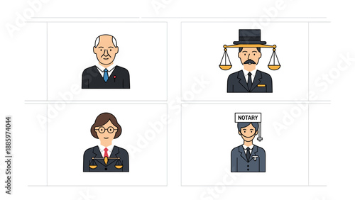 Professional Legal and Administrative Avatars A Modern Vector Collection for Business and Justice Concepts, Featuring a Judge, Lawyer, and Notary Public in Flat Design