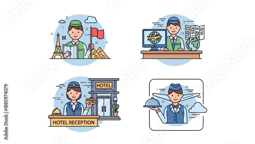 Line art illustrations of professional roles in the travel and hospitality industry, including tour guide, travel agent, hotel receptionist, and flight attendant services