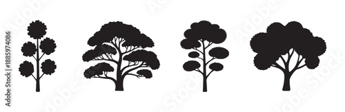 Set of four black silhouette stylized trees and seedling plants for environment design projects vector graphics