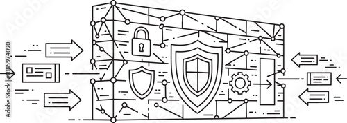 Outline illustration of a data security system with shields, lock, and gears, showing protection against cyber threats and data flow.