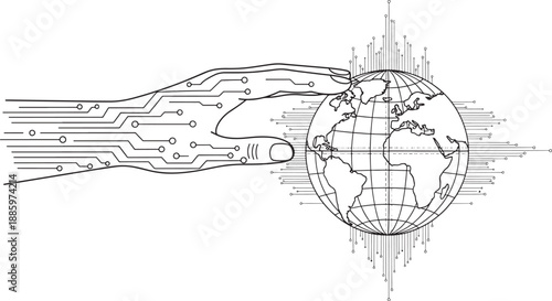 Digital illustration of a stylized hand with circuit board patterns holding planet Earth, representing global technology and connectivity.