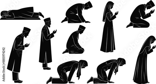 Muslim prayer positions silhouettes set showing men and women performing Islamic salah movements, black flat vector illustration for religion education, worship concepts, spiritual design themes