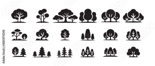 Collection of fifteen varied black silhouette icons displaying groups of trees for landscape scenery creation