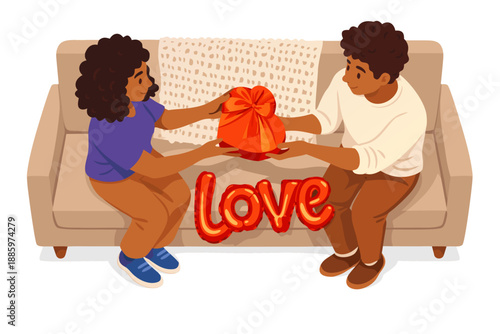 The pair shares an affectionate moment as they celebrate love in a cozy living room.