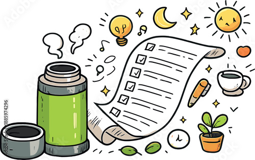 Productive Day Doodle. Doodle-style vector icon of a productive day fully released, thermos calmly open with a complete organized