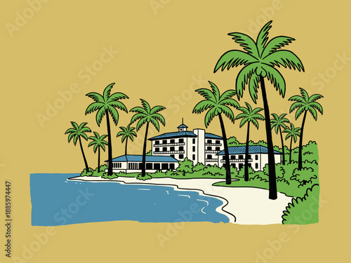 Vintage cartoon resort illustration on tropical beach with palm trees and hotel building, retro vacation travel print.