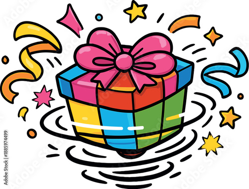 Energetic Reboot Symbol. Doodle-style vector icon of a reboot process beginning, colorful gift-top spinning energetically, ribbons