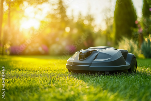 Robotic Lawn Mower cutting green grass in the garden. Automatic robot lawnmower in modern garden on sunny day close up.